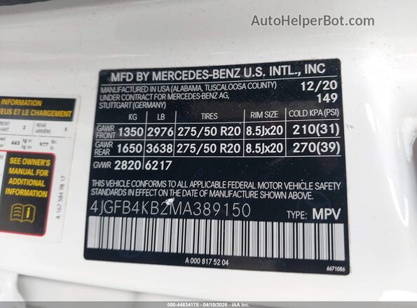 4JGFB4KB2MA389150 2021 MERCEDES-BENZ GLE 350 White Շարժիչի բաժամունքի տեսք