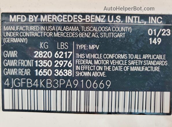 4JGFB4KB3PA910669 2023 MERCEDES-BENZ GLE Белый Вид наклейки с VIN-кодом