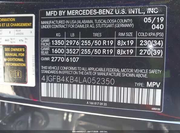 4JGFB4KB4LA052350 2020 MERCEDES-BENZ GLE 350 Black Engine compartment view