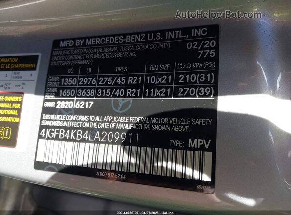 4JGFB4KB4LA209911 2020 MERCEDES-BENZ GLE 350 Silver Engine compartment view