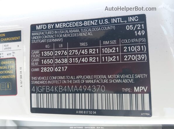 4JGFB4KB4MA494370 2021 MERCEDES-BENZ GLE 350 White Widok komory silnika
