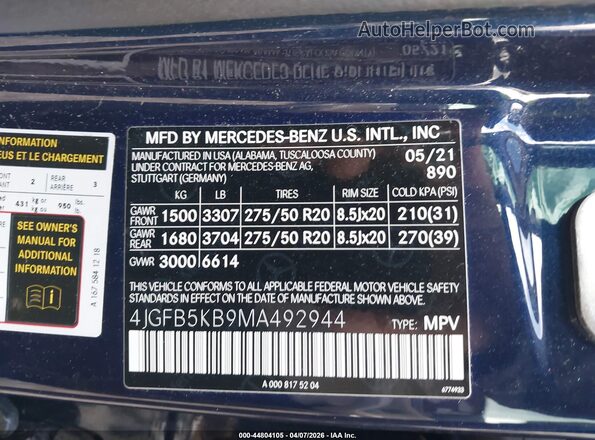 4JGFB5KB9MA492944 2021 MERCEDES-BENZ GLE 450 Blue Widok komory silnika