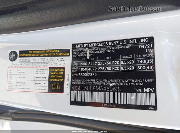 4JGFF5KE8MA460632 2021 MERCEDES-BENZ GLS 450 White ძრავის განყოფილების ხედი
