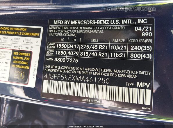 4JGFF5KEXMA461250 2021 MERCEDES-BENZ GLS 450 Blue Vista del compartimento del motor