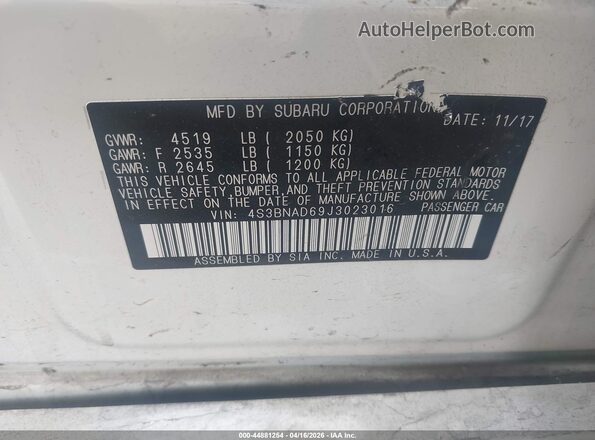 4S3BNAD69J3023016 2018 SUBARU LEGACY White Вид підкапотного простору