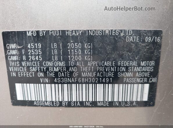 4S3BNAF68H3021491 2017 SUBARU LEGACY Champagne Vista del compartimento del motor