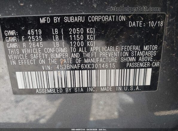 4S3BNAF6XK3014615 2019 SUBARU LEGACY Gray Engine compartment view