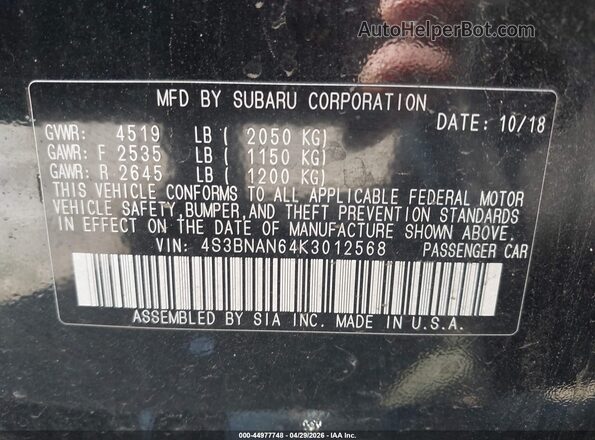 4S3BNAN64K3012568 2019 SUBARU LEGACY Black Vista del compartimento del motor