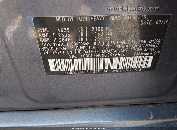4S3BNEN60G3046540 2016 SUBARU LEGACY Blue Вид підкапотного простору