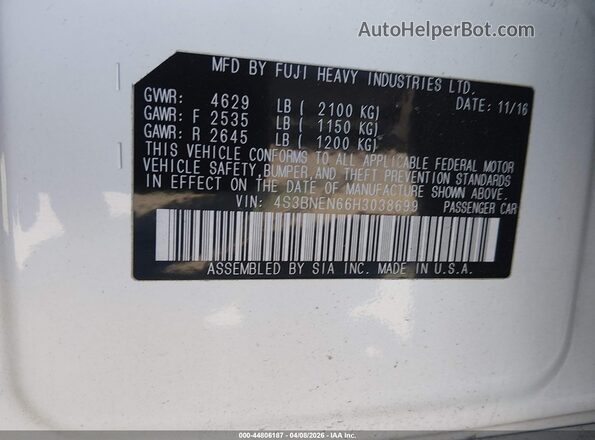 4S3BNEN66H3038699 2017 SUBARU LEGACY White ძრავის განყოფილების ხედი