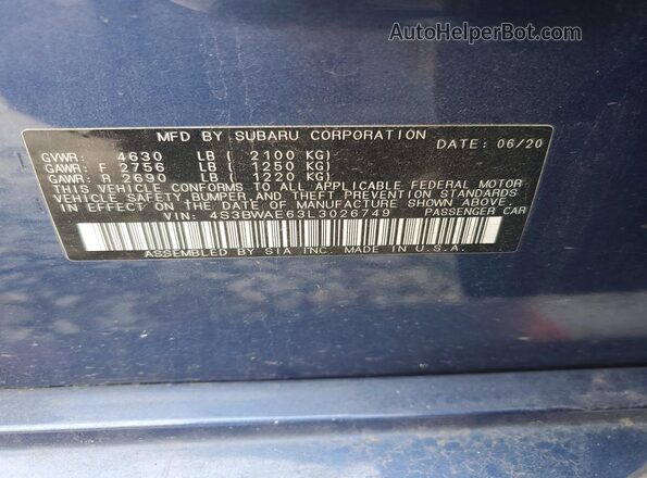 4S3BWAE63L3026749 2020 SUBARU LEGACY Blue Вид підкапотного простору