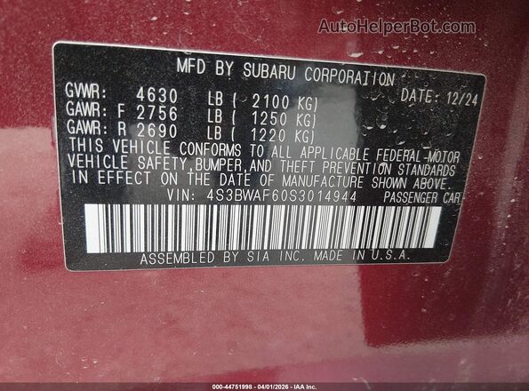 4S3BWAF60S3014944 2025 SUBARU LEGACY Red Vista del compartimento del motor
