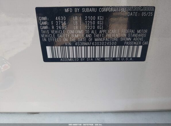 4S3BWAF63S3024500 2025 SUBARU LEGACY Белый Вид подкапотного пространства