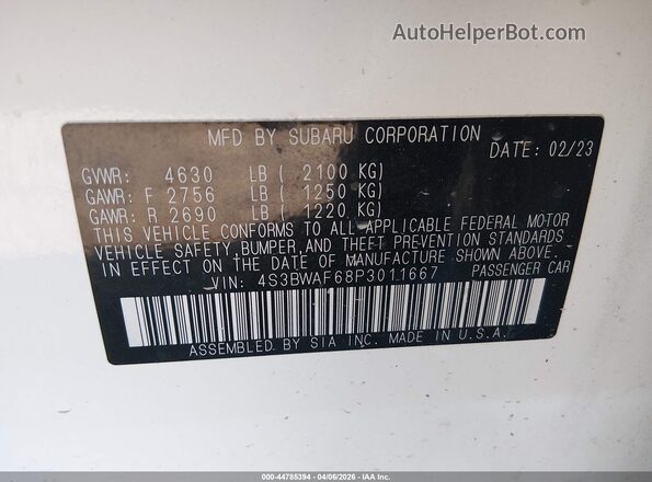 4S3BWAF68P3011667 2023 SUBARU LEGACY White ძრავის განყოფილების ხედი