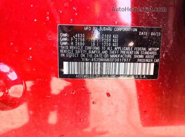 4S3BWAM65P3017977 2023 SUBARU LEGACY Burgundy VIN կոդի պիտակի տեսք