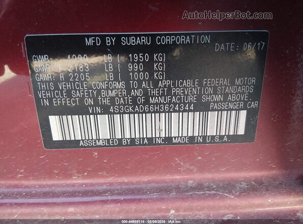 4S3GKAD66H3624344 2017 SUBARU IMPREZA Burgundy Շարժիչի բաժամունքի տեսք