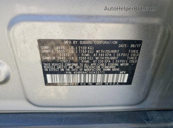 4S4BSAAC1H3433771 2017 SUBARU OUTBACK Blue VIN კოდის სტიკერის ხედი