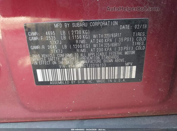 4S4BSAAC1J3316133 2018 SUBARU OUTBACK Red Շարժիչի բաժամունքի տեսք