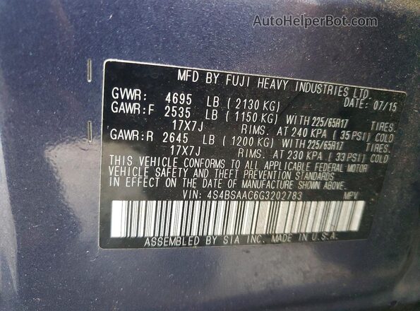 4S4BSAAC6G3202783 2016 SUBARU OUTBACK Blue 