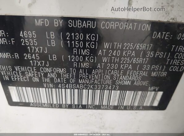4S4BSABC2K3373473 2019 SUBARU OUTBACK White Engine compartment view