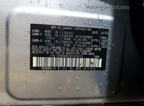 4S4BSABC9K3303419 2019 SUBARU OUTBACK Silver Vista del compartimento del motor