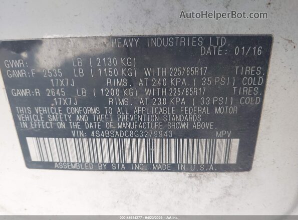 4S4BSADC8G3279943 2016 SUBARU OUTBACK White Շարժիչի բաժամունքի տեսք