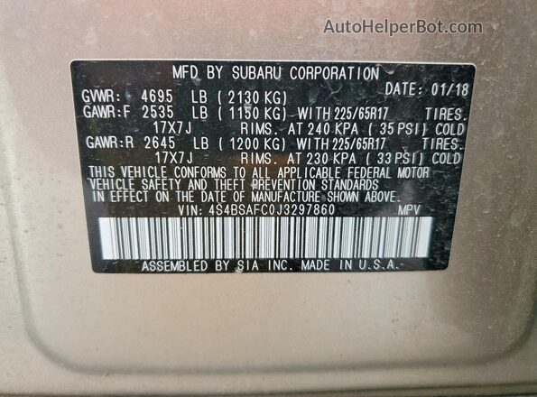 4S4BSAFC0J3297860 2018 SUBARU OUTBACK Silver VIN კოდის სტიკერის ხედი