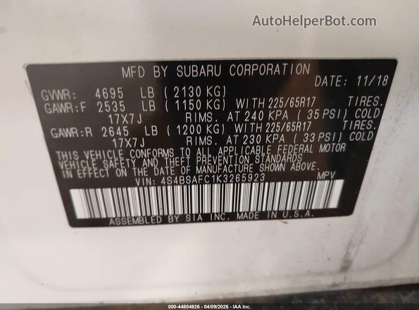 4S4BSAFC1K3265923 2019 SUBARU OUTBACK Белый 