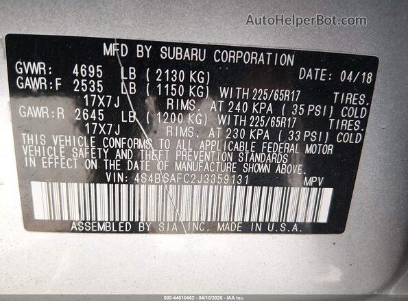 4S4BSAFC2J3359131 2018 SUBARU OUTBACK Gray 