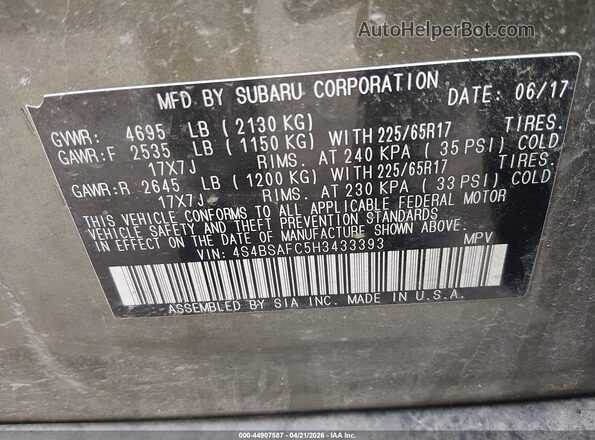 4S4BSAFC5H3433393 2017 SUBARU OUTBACK Green Вид підкапотного простору