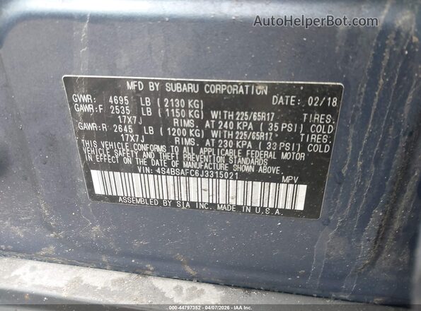 4S4BSAFC6J3315021 2018 SUBARU OUTBACK Light Blue Engine compartment view