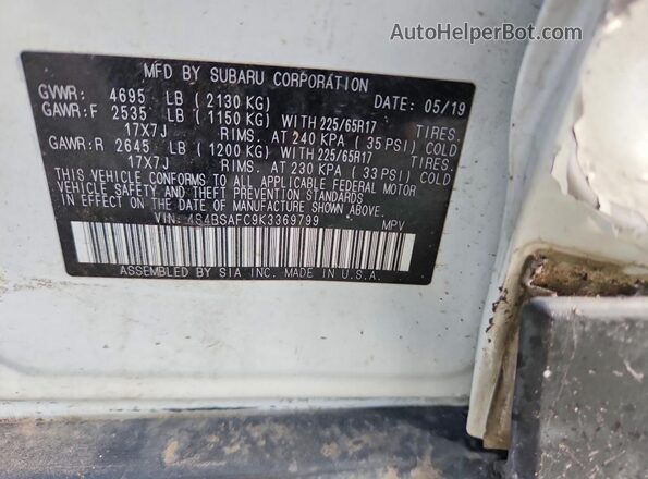 4S4BSAFC9K3369799 2019 SUBARU OUTBACK White Vista de la etiqueta del VIN