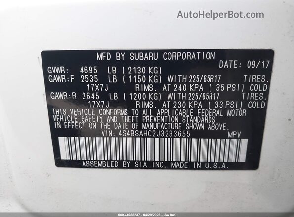 4S4BSAHC2J3233655 2018 SUBARU OUTBACK Белый Вид подкапотного пространства