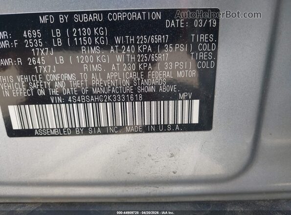 4S4BSAHC2K3331618 2019 SUBARU OUTBACK Silver Widok komory silnika