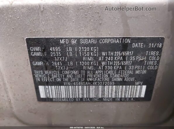 4S4BSAHC4K3272099 2019 SUBARU OUTBACK Gold Engine compartment view