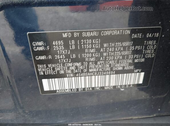 4S4BSAHC8J3349894 2018 SUBARU OUTBACK Blue 