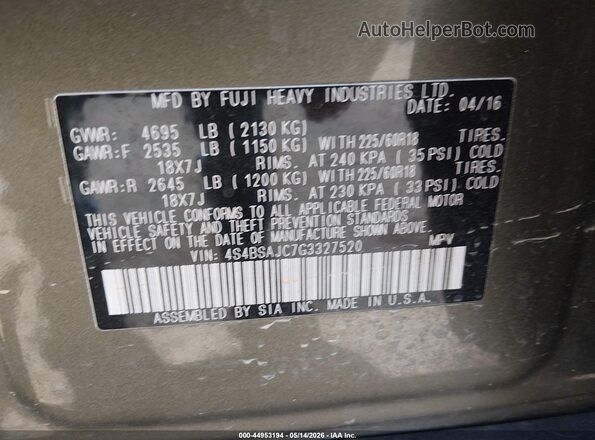 4S4BSAJC7G3327520 2016 SUBARU OUTBACK Зеленый 