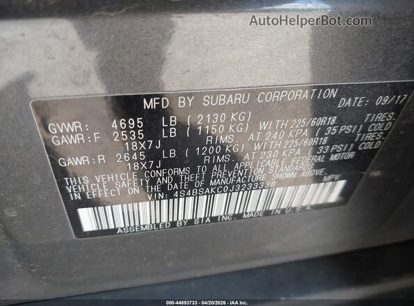 4S4BSAKC0J3233338 2018 SUBARU OUTBACK Gray Շարժիչի բաժամունքի տեսք