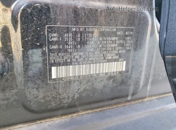 4S4BSANC2K3316802 2019 SUBARU OUTBACK Black Widok naklejki z numerem VIN