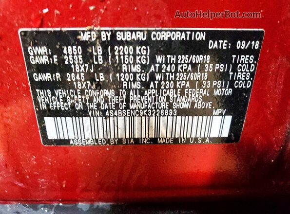 4S4BSENC9K3226893 2019 SUBARU OUTBACK Burgundy VIN sticker view