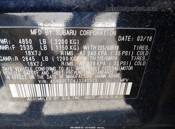 4S4BSETC4J3340575 2018 SUBARU OUTBACK Blue Engine compartment view