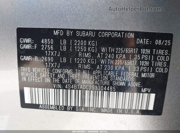 4S4BTADC2S3304485 2025 SUBARU OUTBACK Silver Вид підкапотного простору
