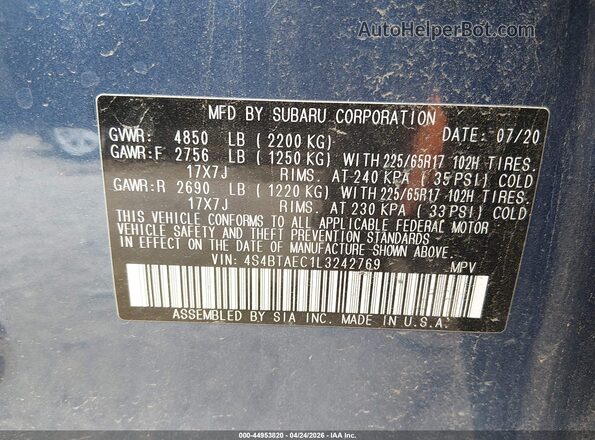 4S4BTAEC1L3242769 2020 SUBARU OUTBACK Blue Вид підкапотного простору