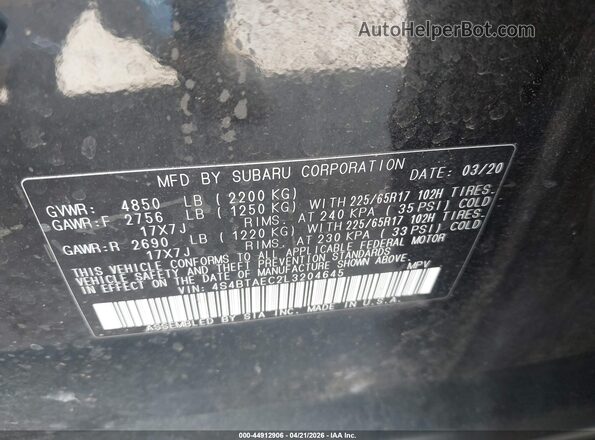 4S4BTAEC2L3204645 2020 SUBARU OUTBACK Black Widok komory silnika