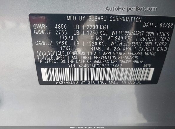 4S4BTAFC9P3217462 2023 SUBARU OUTBACK Silver ძრავის განყოფილების ხედი