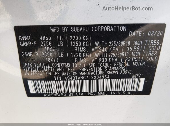 4S4BTANC7L3204964 2020 SUBARU OUTBACK Белый Вид подкапотного пространства