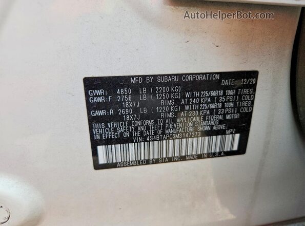 4S4BTAPC3M3147273 2021 SUBARU OUTBACK White Սալոնի 360 աստիճան տեսք