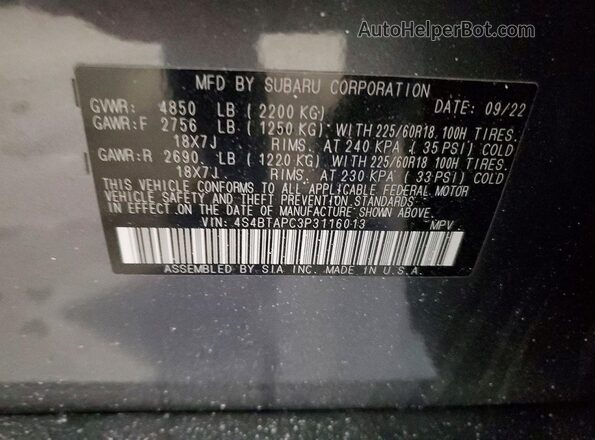 4S4BTAPC3P3116013 2023 SUBARU OUTBACK Gray VIN კოდის სტიკერის ხედი