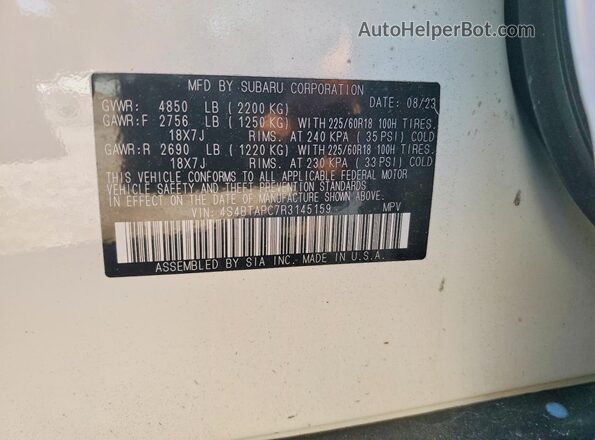 4S4BTAPC7R3145159 2024 SUBARU OUTBACK White VIN კოდის სტიკერის ხედი