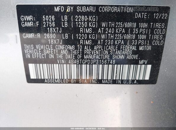 4S4BTGPD3P3156748 2023 SUBARU OUTBACK Silver Շարժիչի բաժամունքի տեսք